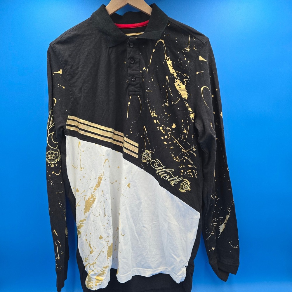Hustle Today Mens Large Long Sleeve Polo Black Gold White Paint Splatter Graphic